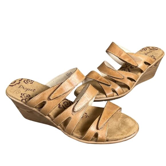 Propet Sandals Womens 11B Tan Leather Lexi Wedge Slip On Comfort Open Toe Shoes - Picture 1 of 14